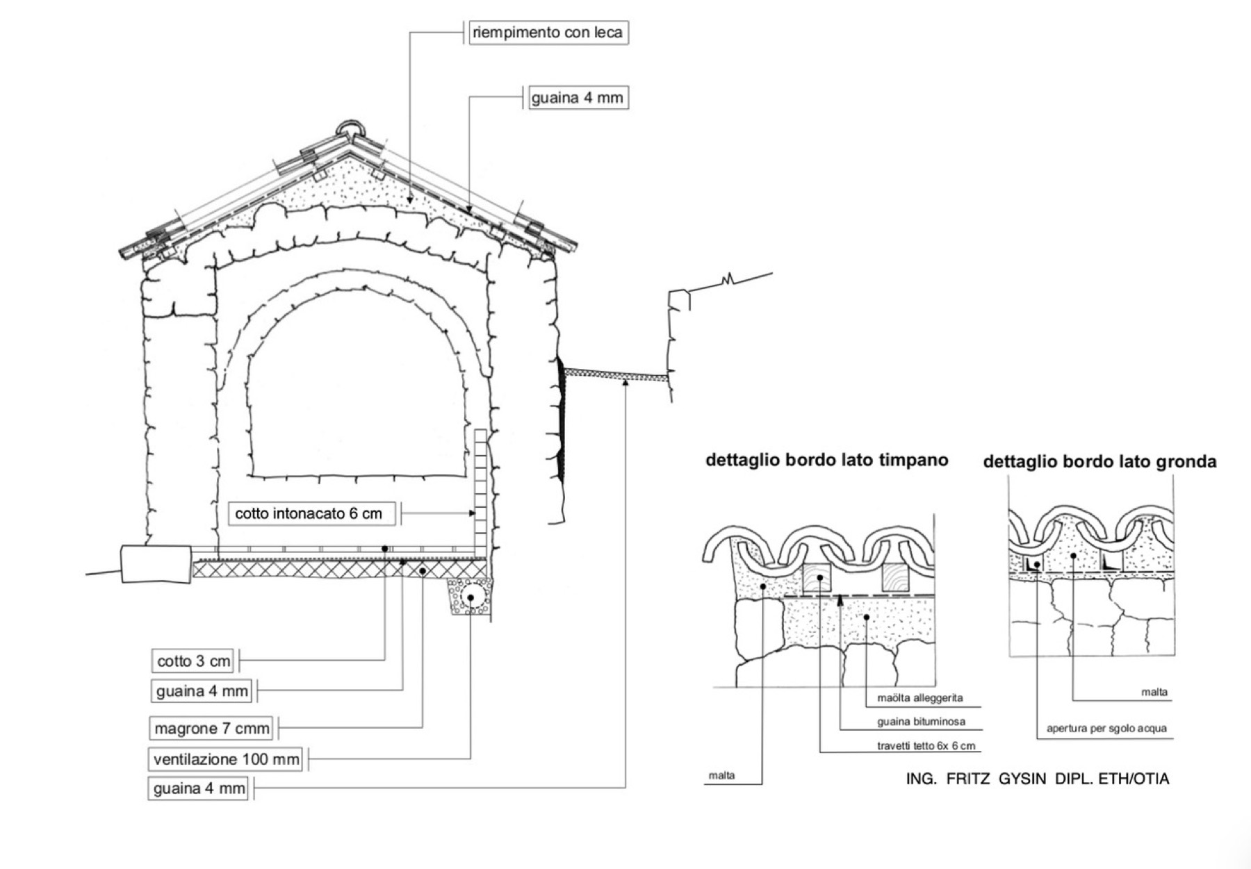 Disegno tecnico in sezione del nuovo tetto della cappella, con la stratigrafia degli strati di copertura sopra la volta originale in tufo