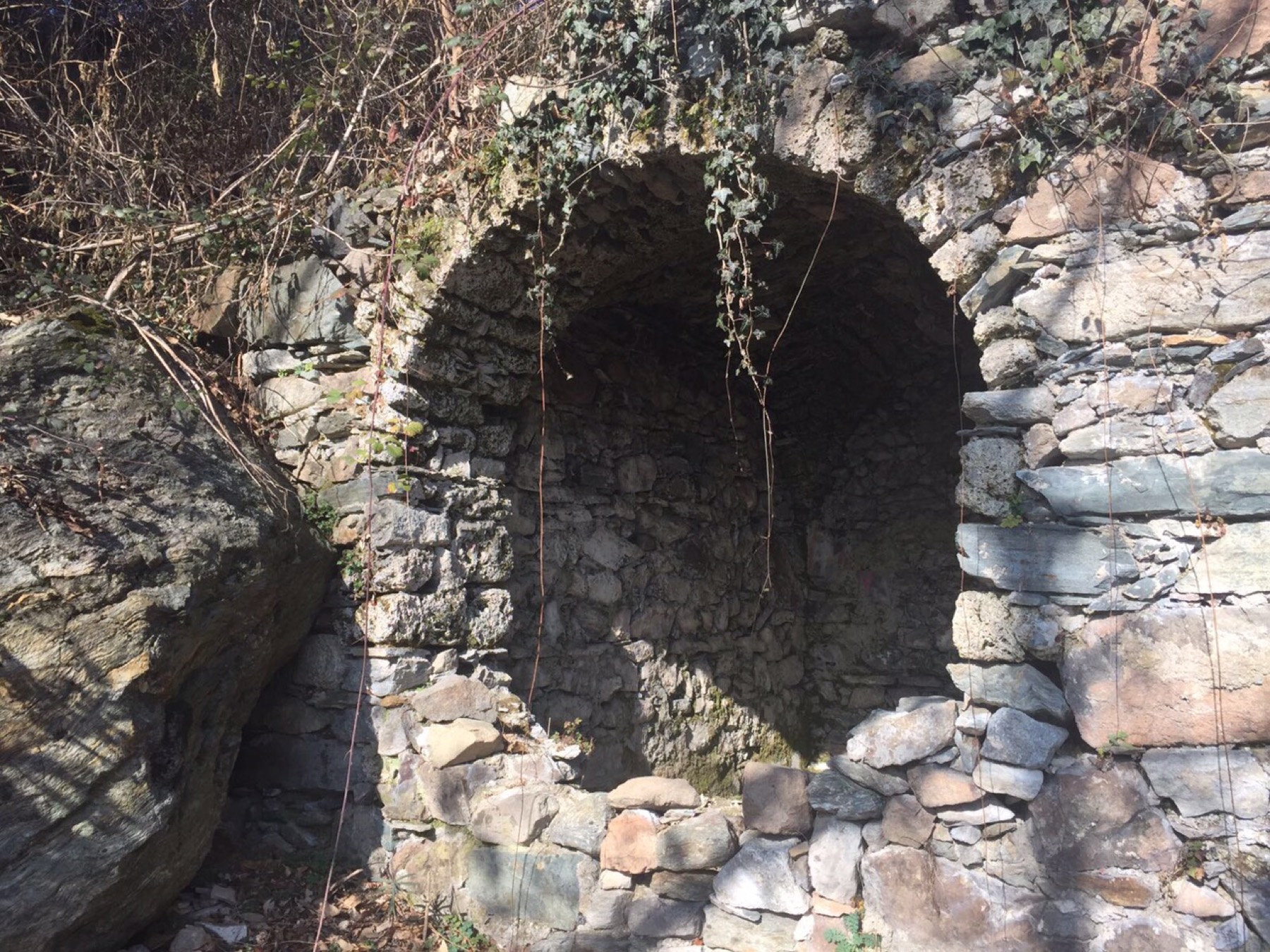 Veduta d'insieme del rudere della cappella di San Rocco prima del restauro, addossato alla roccia in mezzo al bosco